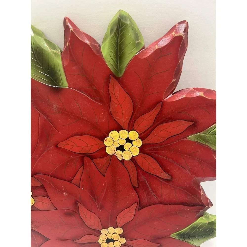 Christmas Collections Etc. Lazy Susan Wood Carved Hand Painted Poinsettia 14